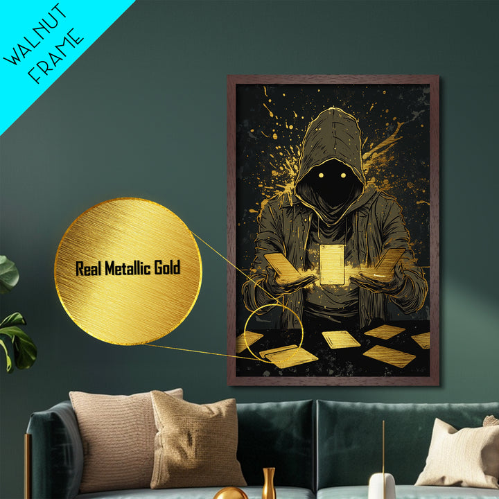 Spooky Tarot Magician Metallic Gold Art Metal Art Halloween Gothic Wall Hanging In Natural Wood Frame Haunted Witchy Decor