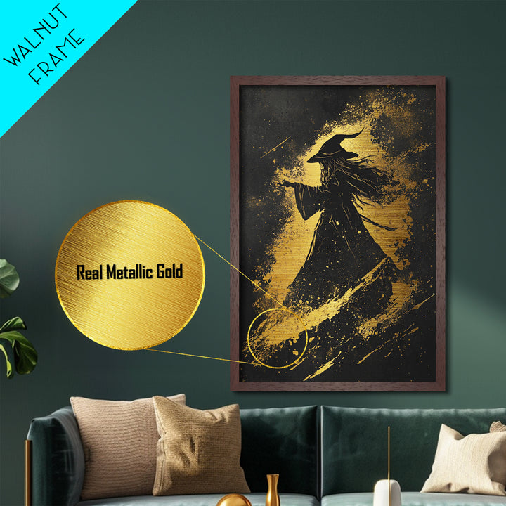Witch Silhouette Metallic Gold Art Metal Art | Gothic Halloween Wall Decor Framed in Real Wood | Haunted Witchy Spooky Print