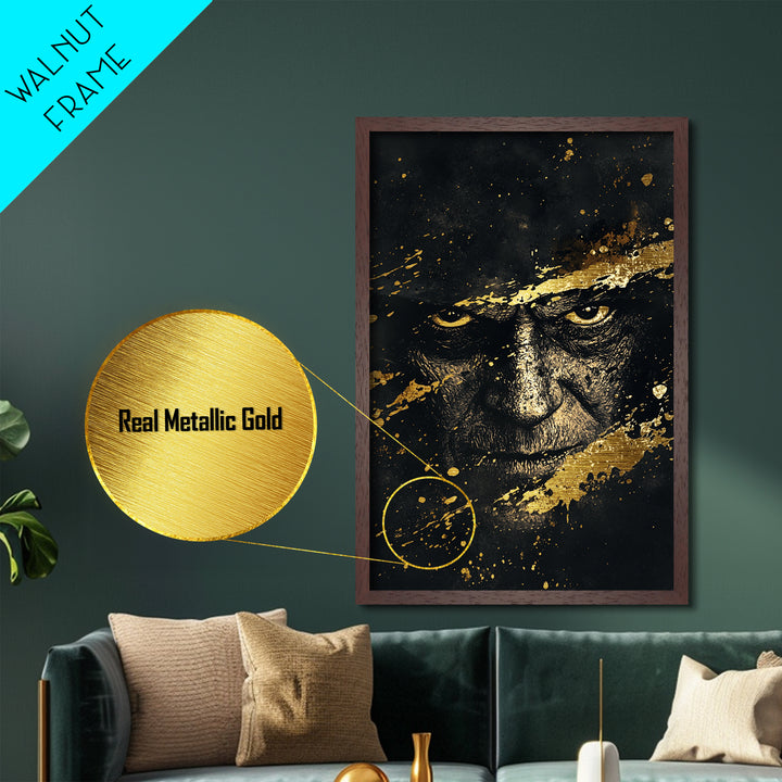 Dark Sorcerer Metallic Gold Art Metal Art | Haunted Gothic Portrait Halloween Wall Decor with Real Wood Frame | Spooky Print