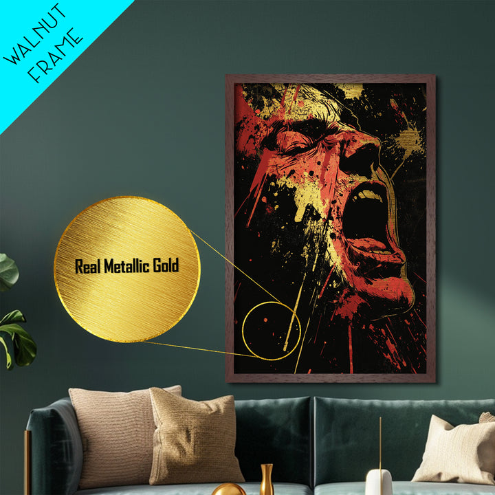Screaming Horror Metallic Gold Art Metal Art | Gothic Haunted Halloween Wall Decor | Real Wood Frame Creepy Spooky Season Art