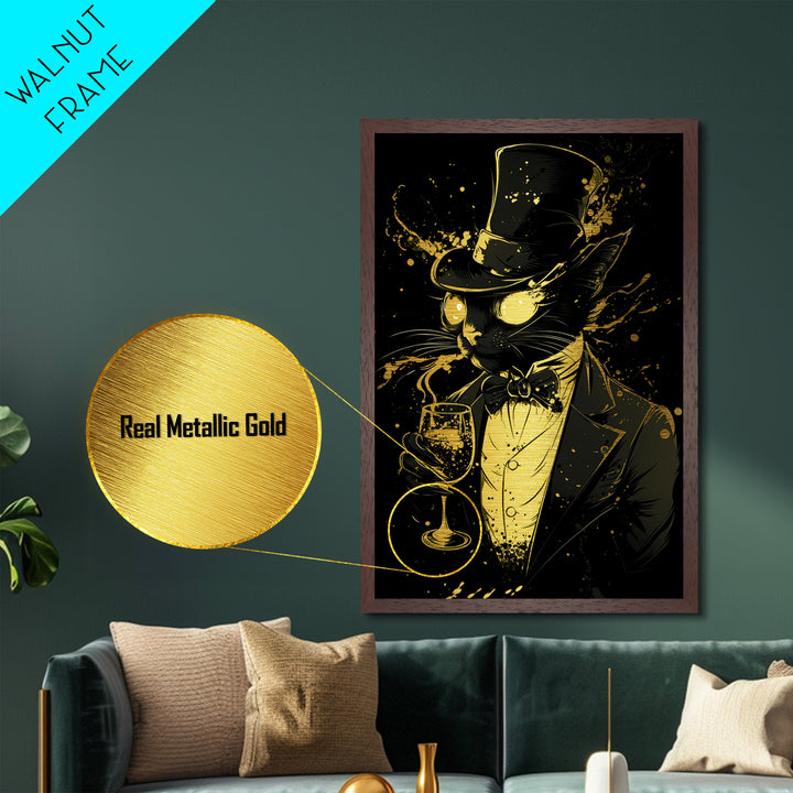 Black Cat in Top Hat Metallic Gold Art Metal Art | Spooky Season Halloween Decor | Framed in Real Wood Gothic Haunted Artwork