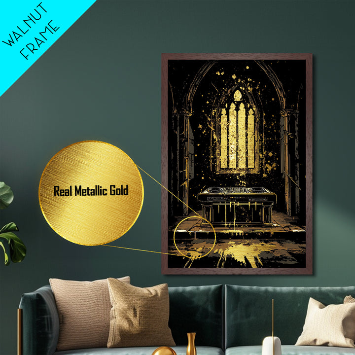 Haunted Cathedral DJ Booth Metallic Gold Art Metal Art Gothic Halloween Wall Decor Spooky Music Party Scene in Real Wood Frame