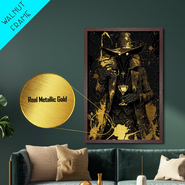 Witchy Plague Doctor Metallic Gold Art Metal Art Gothic Horror Halloween Print With Natural Wood Frame For Spooky Season