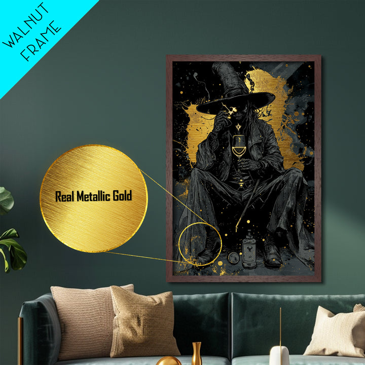 Creepy Gothic Sorcerer Metallic Gold Art Metal Art Spooky Halloween Wall Hanging In Real Wood Frame Witchcraft Inspired