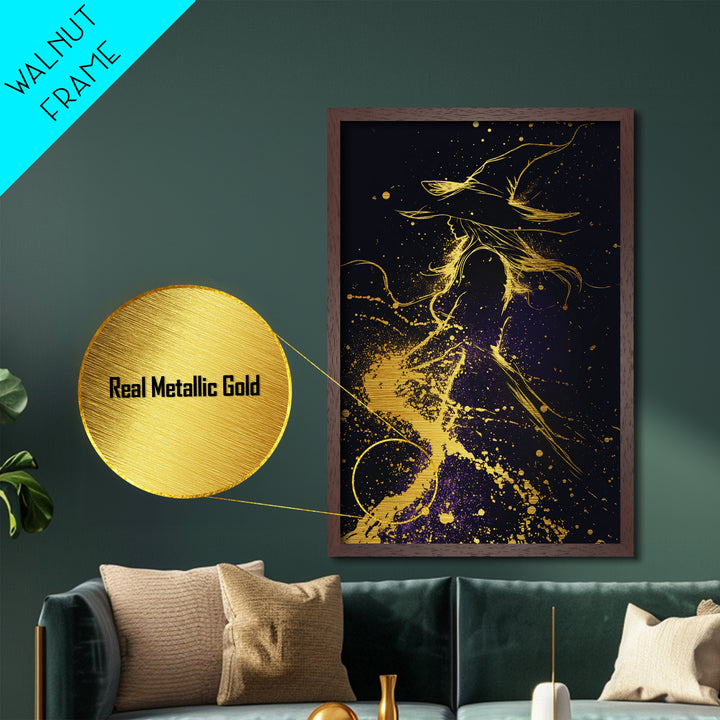 Mystical Witch Silhouette Metallic Gold Art Metal Art Spooky Season Halloween Decor With Framing In Natural Real Wood