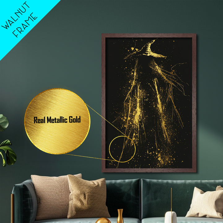 Dark Shadowy Sorcerer Metallic Gold Art Metal Art Haunted Gothic Halloween Wall Print With Real Wood Framed Presentation
