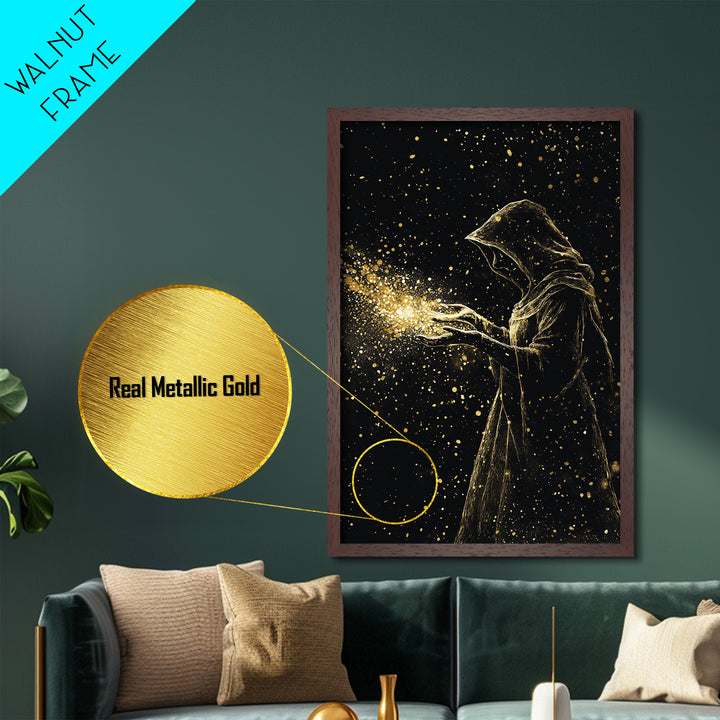 Enchanted Hooded Figure Metallic Gold Art Metal Art Halloween Spooky Wall Art Framed In Natural Wood For Gothic Home