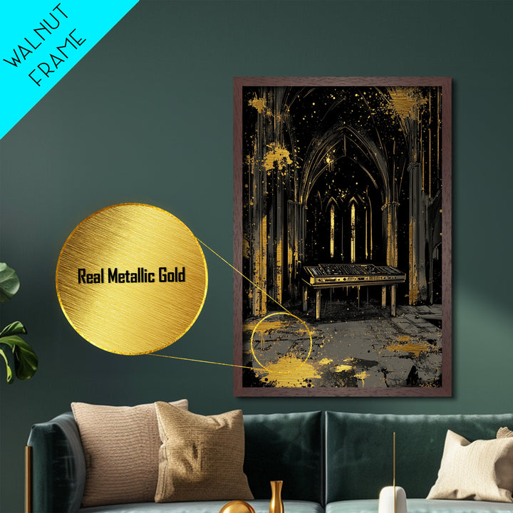 Spooky Gothic Church Metallic Gold Art Metal Art Halloween Wall Decor Haunted Cathedral Nightclub Vibe in Real Wood Frame