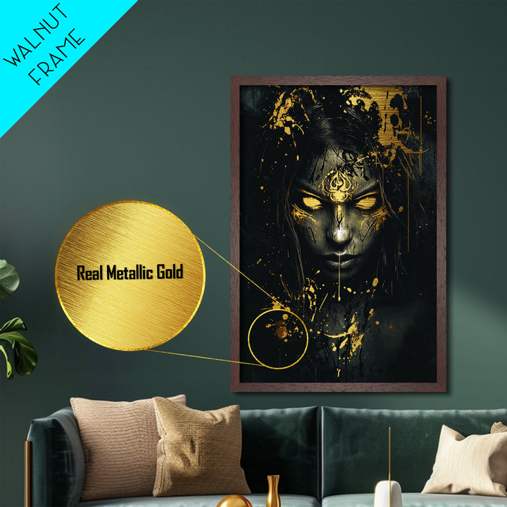 Witchy Woman Metallic Gold Art Spooky Season Portrait, Creepy Metal Art With Fiery Eyes, Halloween Wall Art In Real Wood Frame