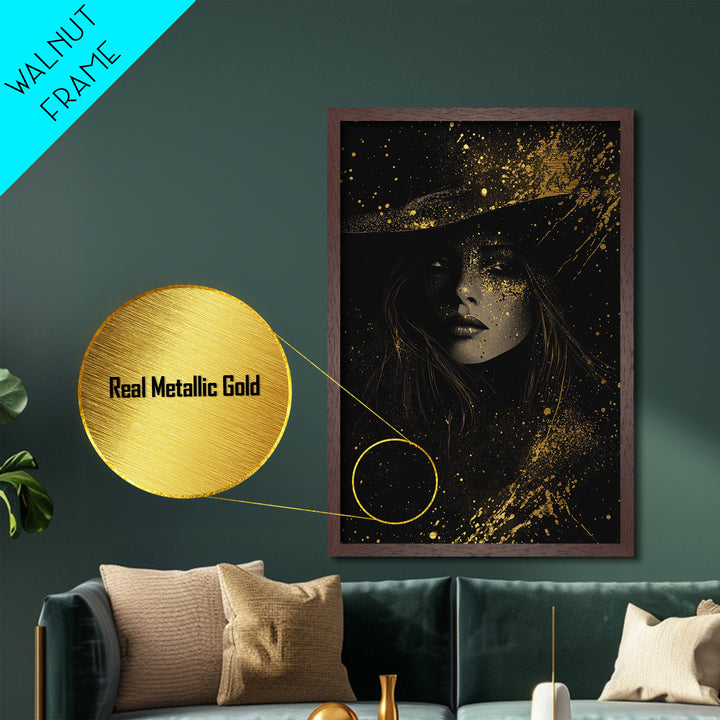 Dark Enchantress Metallic Gold Art Witchy Portrait, Metal Art Halloween Wall Hanging, Spooky Season Magic Framed In Real Wood
