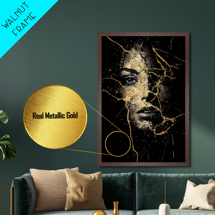 Cracked Face Metallic Gold Art Gothic Halloween Portrait, Haunted Metal Art Creepy Wall Decor, Spooky Season Style With Wood Frame