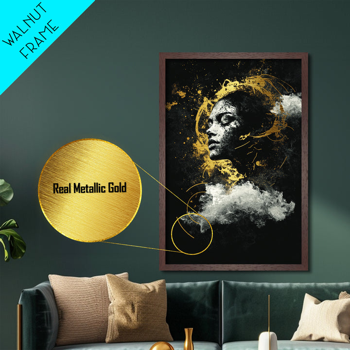 Ghostly Spirit Metallic Gold Art Halloween Wall Decor, Spooky Metal Art Haunted Portrait Of Dreams, Framed In Real Wood Elegance