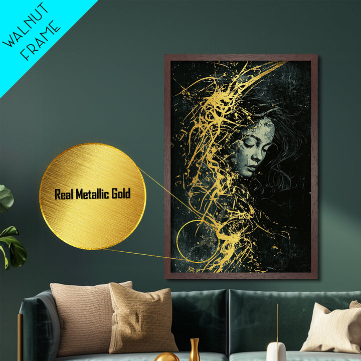 Whimsical Witch Metallic Gold Art Spooky Portrait, Halloween Metal Art Haunted Illustration, Framed In Real Wood For Gothic Decor