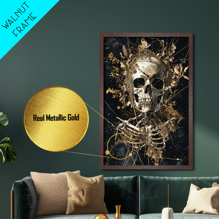 Skeleton Skull with Flowers Metallic Gold Art Metal Art Gothic Halloween Wall Decor Spooky Skeleton Illustration in Real Wood Frame