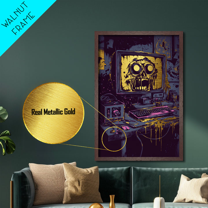 Haunted Computer Metallic Gold Art Creepy Tech Horror, Spooky Season Metal Art For Halloween, Gothic Wall Piece In Real Wood Frame