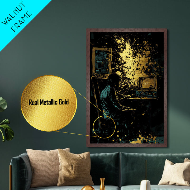 Haunted Horror Scene Metallic Gold Art Metal Art | Creepy Halloween Wall Decor in Real Wood Frame Gothic Spooky Season Print