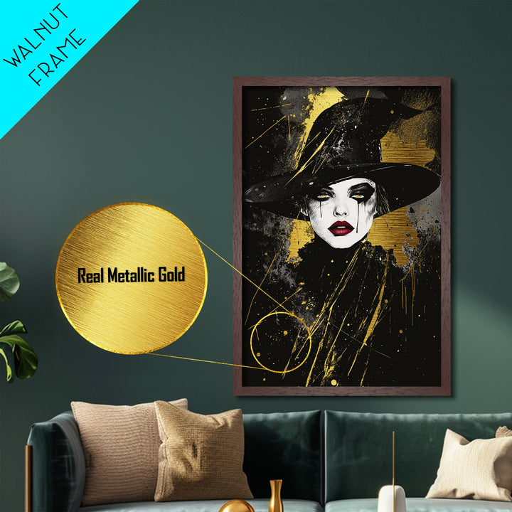 Spooky Witch Hat Metallic Gold Art Metal Art | Gothic Halloween Wall Print Crafted with Natural Wood Frame for Haunted Home Decor