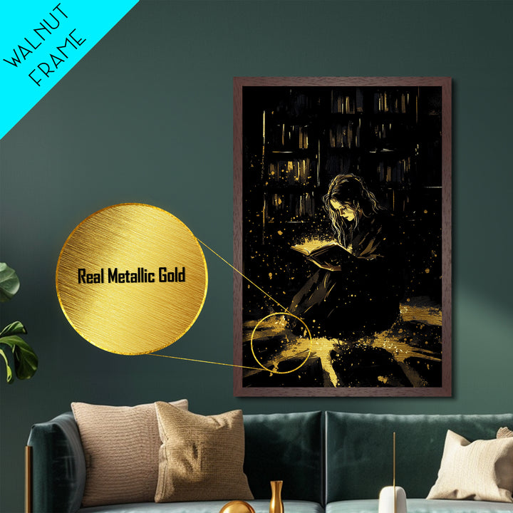 Dark Gothic Character Metallic Gold Art Metal Art | Haunted Spooky Season Wall Decor with Natural Wood Frame for Creepy Halloween