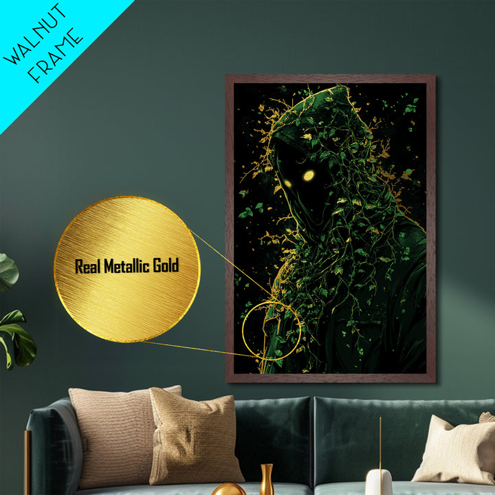 Haunted Hooded Figure Metallic Gold Art, Creepy Vine Cloaked Spirit Metal Art, Gothic Halloween Wall Decor Framed in Real Wood