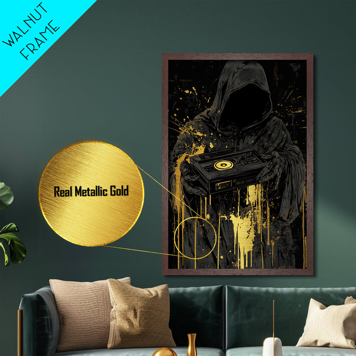 Dark Reaper with Turntable Metallic Gold Art, Spooky DJ Death Metal Art, Horror Halloween Wall Hanging in Solid Wood Frame