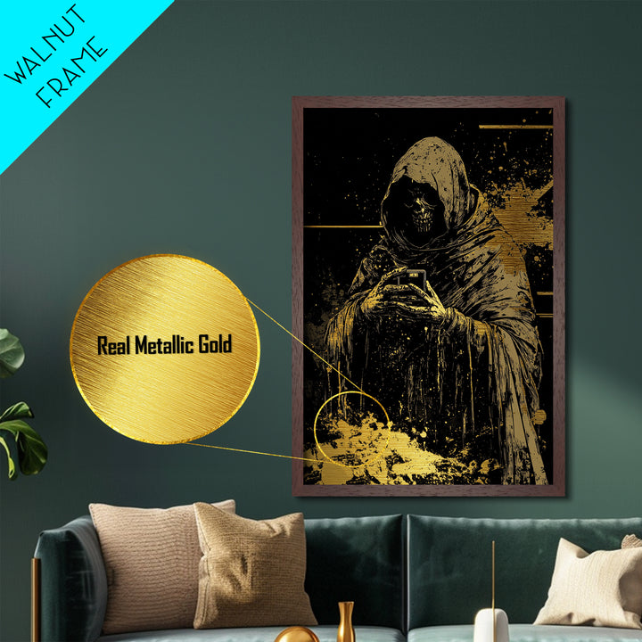 Gothic Skeleton Reaper Metallic Gold Art, Creepy Hooded Death Metal Art, Haunted Halloween Horror Decor with Real Wood Framing