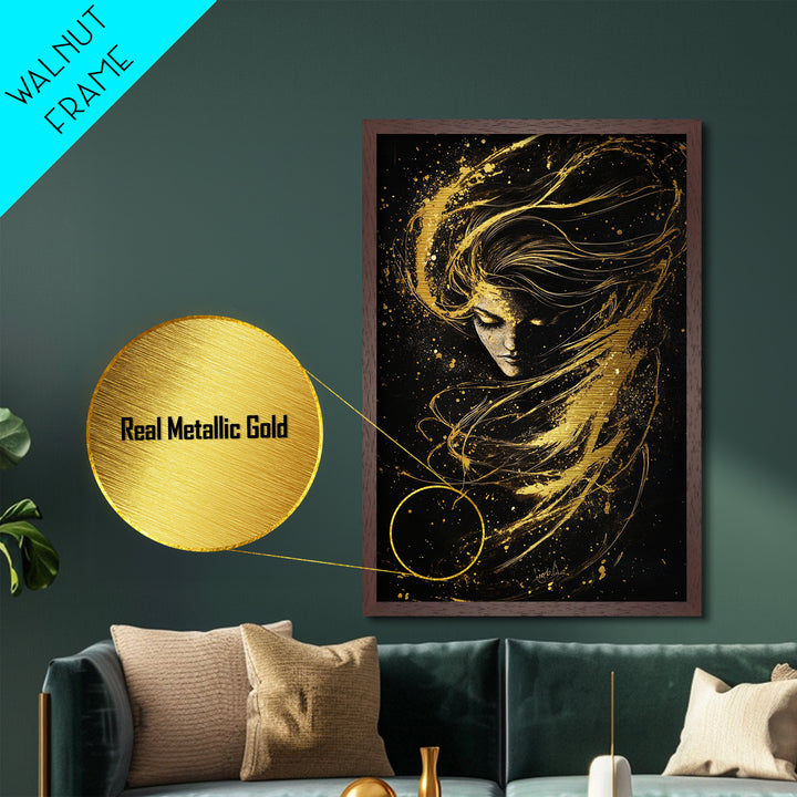 Mystical Female Spirit Metallic Gold Art, Enchanted Ethereal Horror Metal Art, Gothic Halloween Wall Print with Real Wood Frame