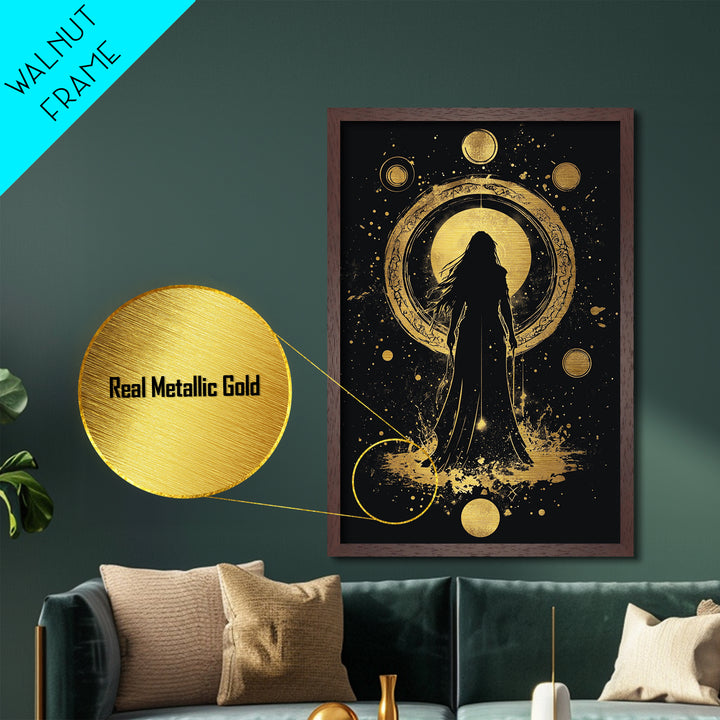 Cosmic Goddess Metallic Gold Art, Spooky Celestial Halloween Metal Art, Gothic Witchy Season Decor Framed in Natural Wood