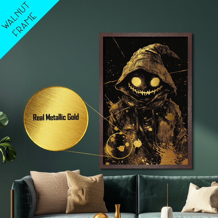 Creepy Smiling Hooded Monster Metallic Gold Art, Horror Grinning Demon Metal Art, Gothic Halloween Wall Hanging with Wood Frame