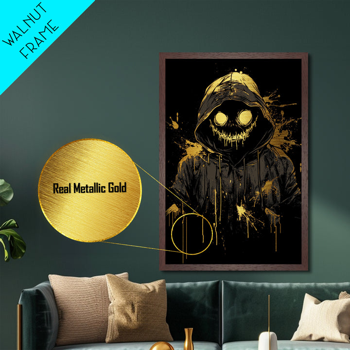 Grinning Pumpkin Spirit Metallic Gold Art, Spooky Halloween Hooded Monster Metal Art, Gothic Horror Print in Real Wooden Frame