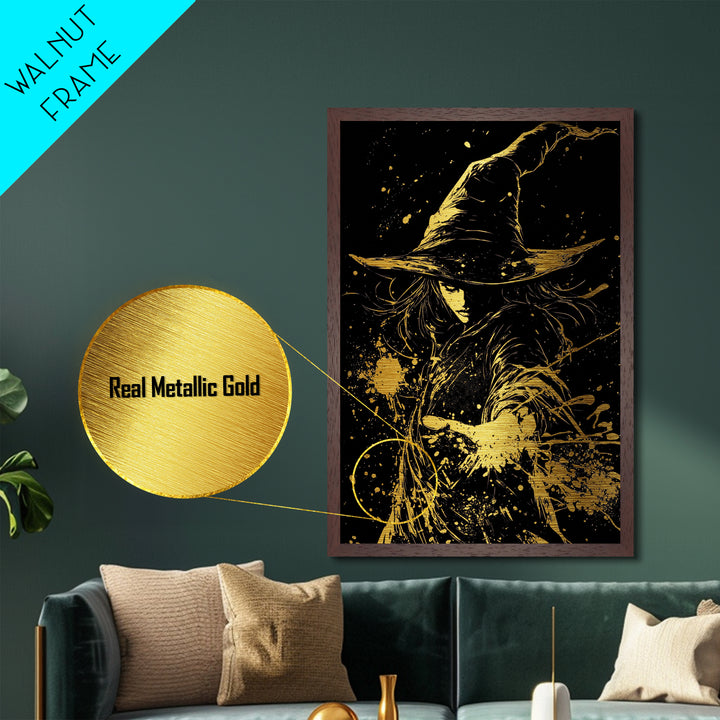 Witch Casting Spell Metallic Gold Art Metal Art Halloween Wall Decor Spooky Sorceress Gothic Magic Artwork in Real Wood Frame