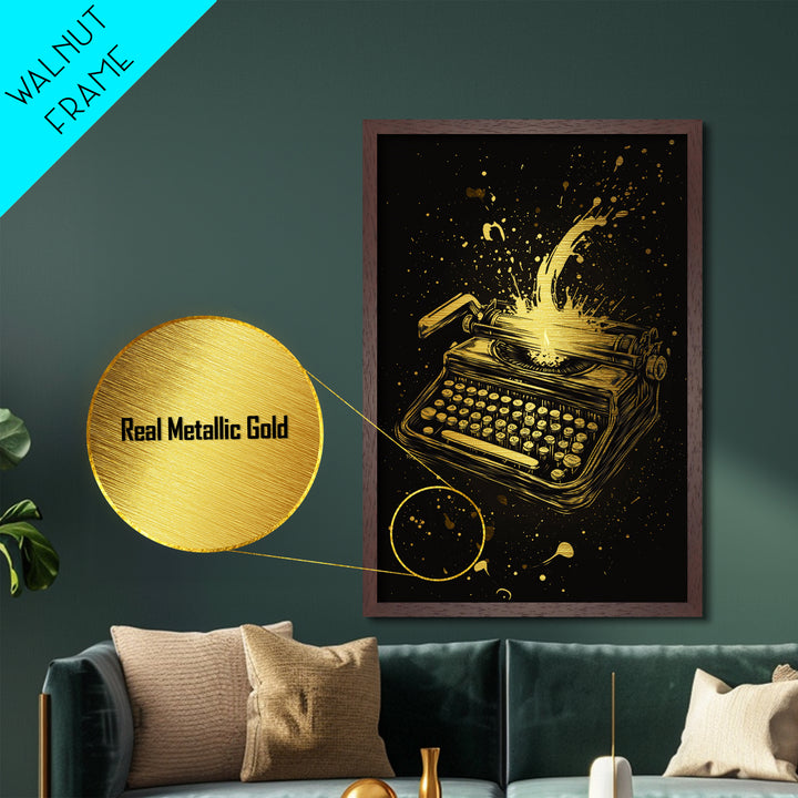 Haunted Typewriter Metallic Gold Art, Spooky Season Metal Art Print with Splatter Design, Framed in Natural Real Wood
