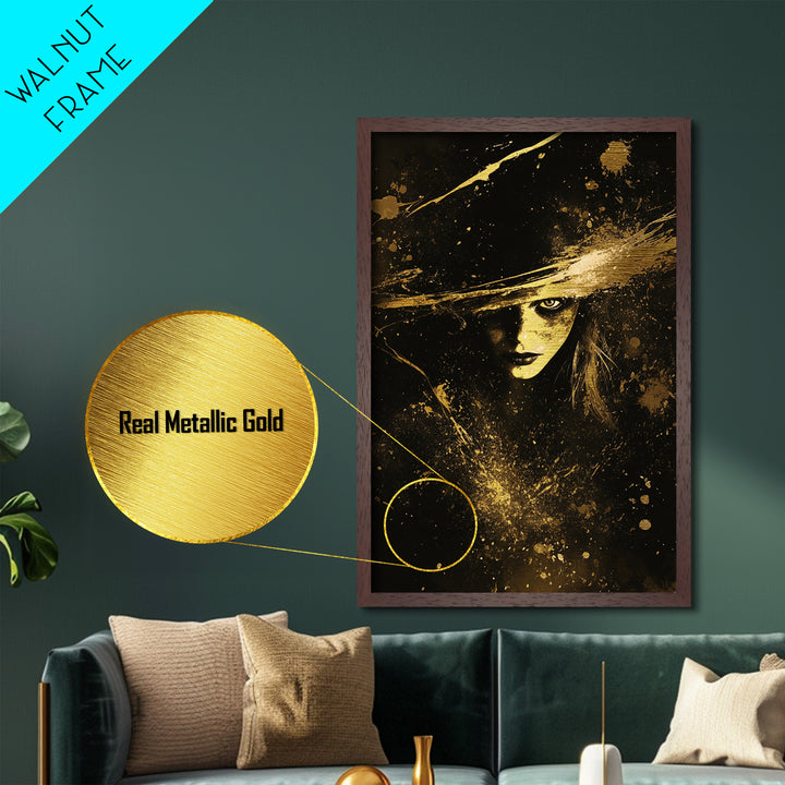 Witchy Haunted Portrait Metallic Gold Art, Gothic Horror Metal Art Print with Real Wood Framing, Spooky Season Wall Decor