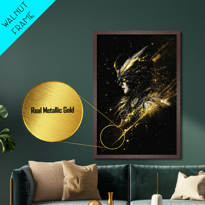 Gothic Valkyrie Warrior Metal Art, Metallic Gold Art with Fantasy Spooky Style, Halloween Print Framed in Real Wood