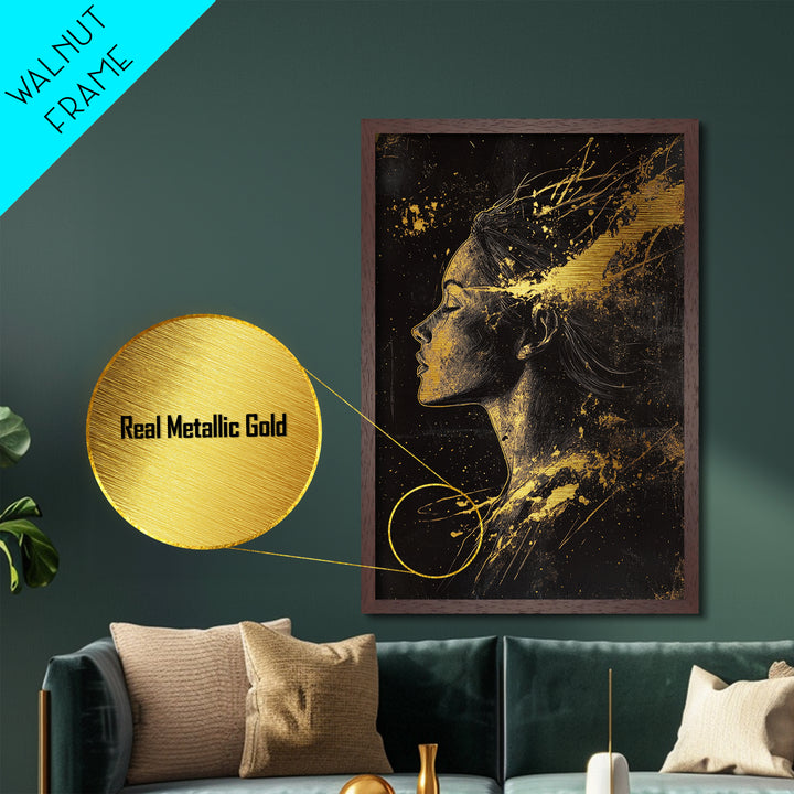 Haunted Spirit Silhouette Metal Art, Metallic Gold Art Profile Portrait with Spooky Splatter Style, Real Wood Frame Decor