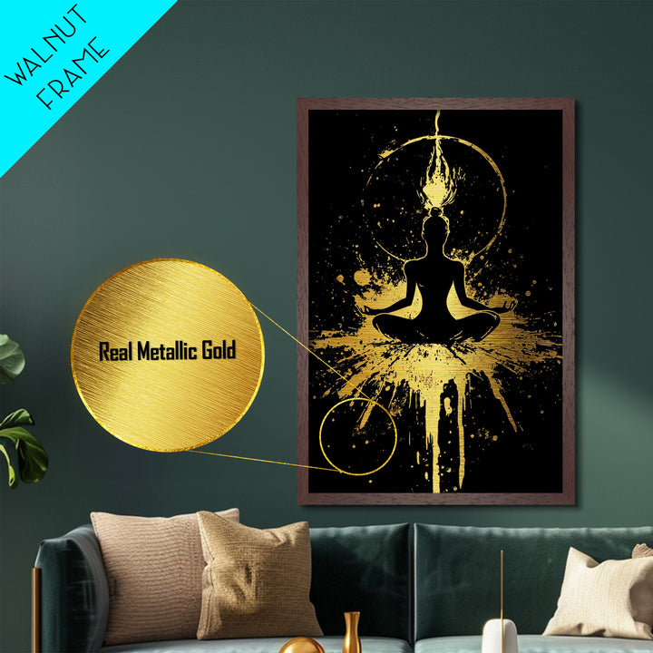 Mystic Meditation Halloween Metal Art, Metallic Gold Art with Spooky Cosmic Energy, Wall Print in Real Wood Framing