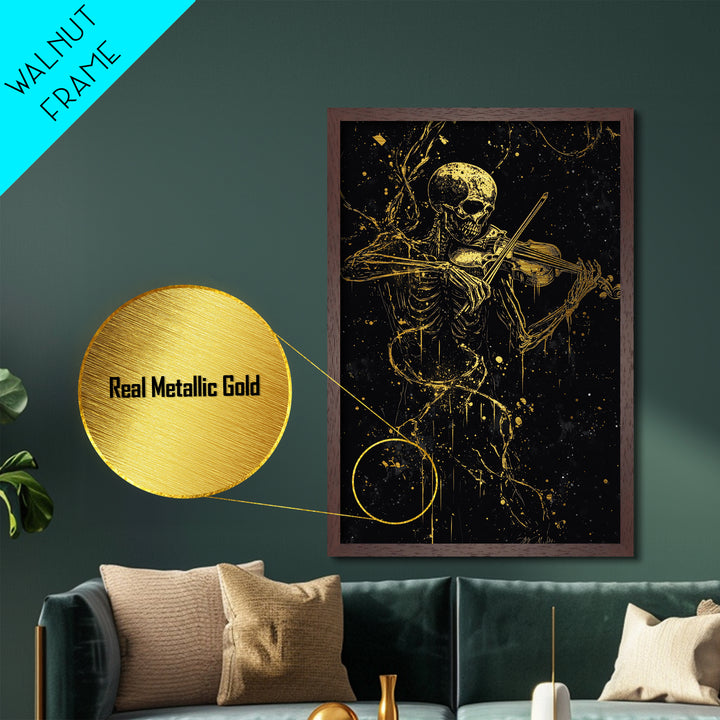 Haunted Skeleton Playing Violin Metallic Gold Art | Gothic Horror Metal Art Framed in Natural Real Wood for Spooky Halloween Decor