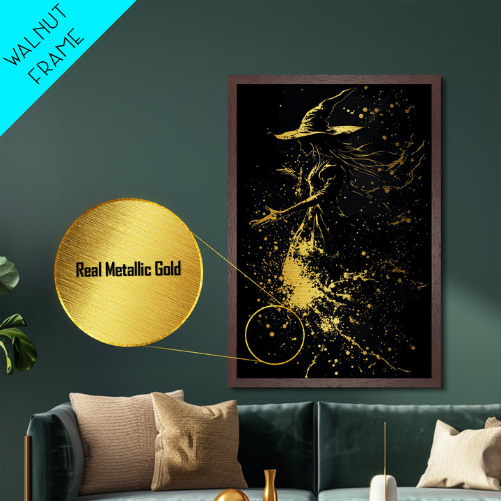 Ghost Tree with Golden Lights Metallic Gold Art | Creepy Haunted Forest Metal Art in a Real Wood Frame for Gothic Halloween Style