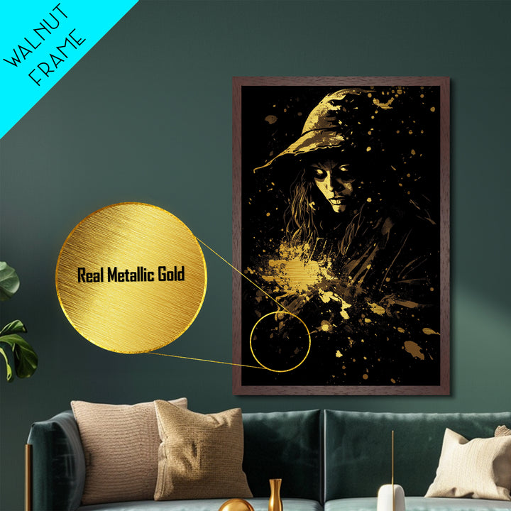 Golden Witch Under Starlight Metallic Gold Art | Haunted Night Metal Art in Real Wood Frame for Spooky Season Halloween Wall Art