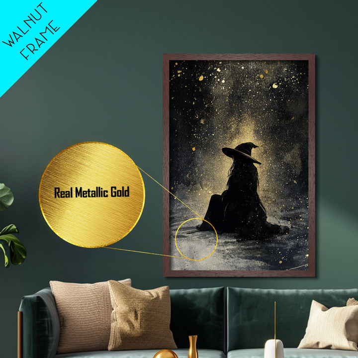 Autumn Goddess with Leaves Metallic Gold Art | Enchanted Fall Season Metal Art Framed in Real Wood for Halloween and Gothic Decor