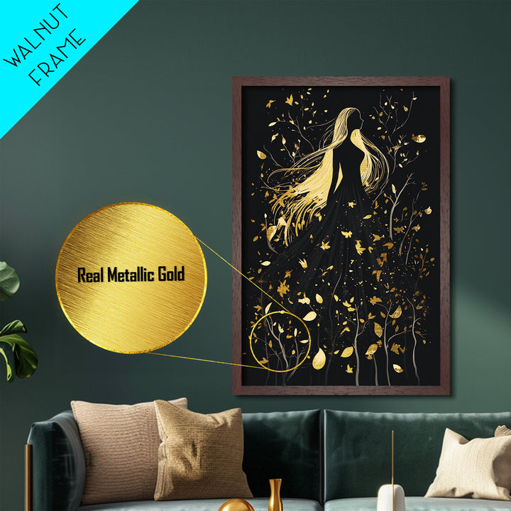 Creepy Feathered Profile Metallic Gold Art | Gothic Silhouette Metal Art with Real Wood Frame for Spooky Season Halloween Wall Decor
