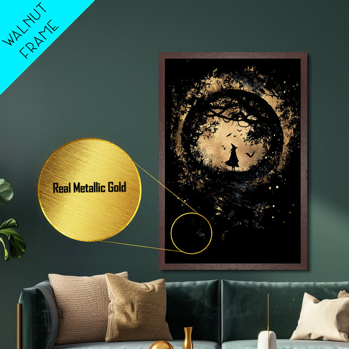Witch Portrait in Golden Splatter Metallic Gold Art | Gothic Halloween Metal Art Framed with Real Wood for Spooky Season Wall Decor