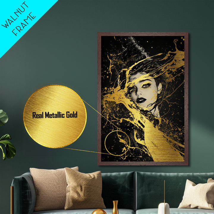 Mystical Face in Gold Splatter Metallic Gold Art | Haunted Gothic Metal Art with Real Wood Frame for Spooky Season Halloween Wall Decor