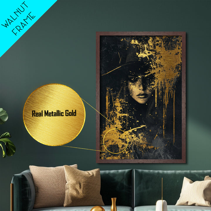 Haunted Sorceress Portrait Metallic Gold Art Metal Art – Spooky Gothic Halloween Wall Hanging in Real Wood Frame