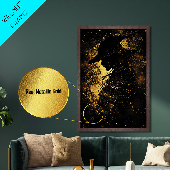 Creepy Witch Silhouette Metallic Gold Art Metal Art – Spooky Season Decor Framed in Rustic Real Wood, Halloween Wall Art