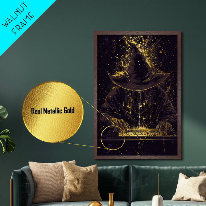 Dark Wizard Hacker Metallic Gold Art Metal Art – Spooky Tech Witch Wall Print with Real Wood Frame, Haunted Season Decor