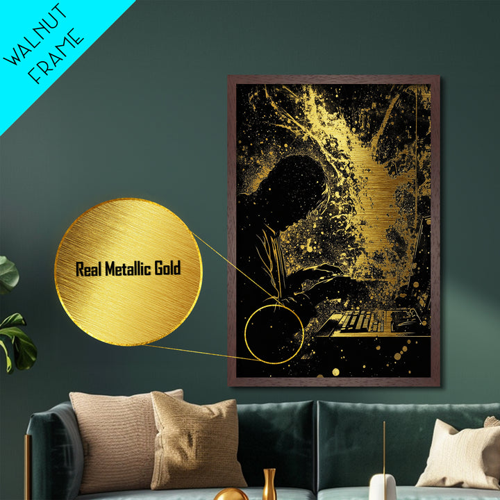 Cyber Spooky Hacker Metallic Gold Art Metal Art – Creepy Halloween Digital Sorcery Print in Real Wood Frame, Gothic Wall Art