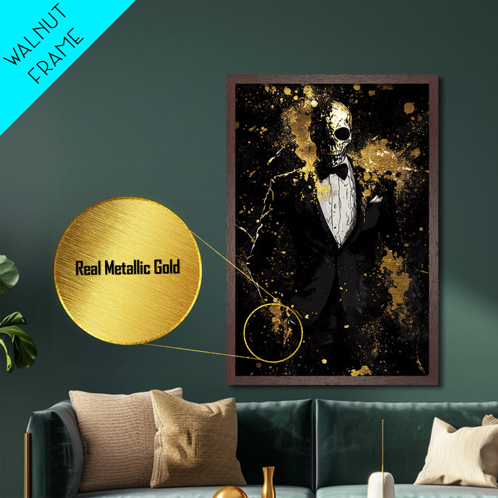 Skeleton Mask Gentleman Metallic Gold Art Metal Art – Creepy Halloween Wall Art in Natural Wood Frame, Haunted Gothic Home Decor