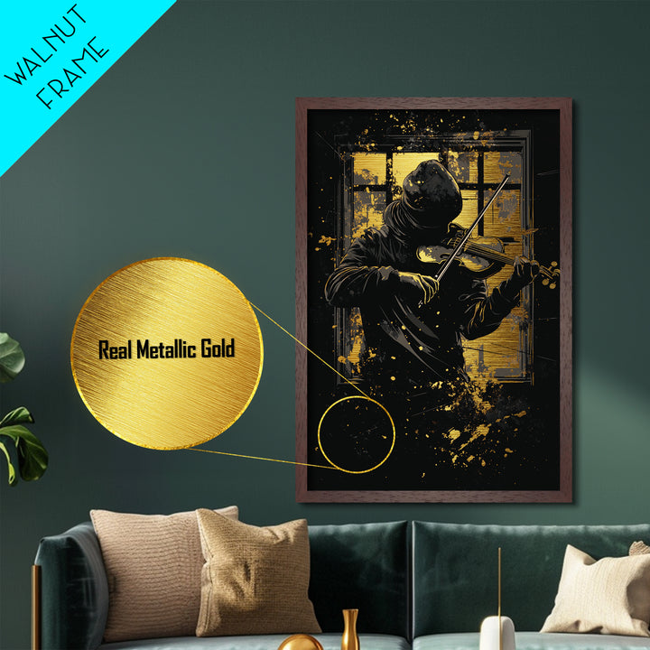 Mysterious Hooded Violinist Metallic Gold Art Metal Art – Spooky Musician Halloween Print with Real Wood Frame Gothic Wall Hanging