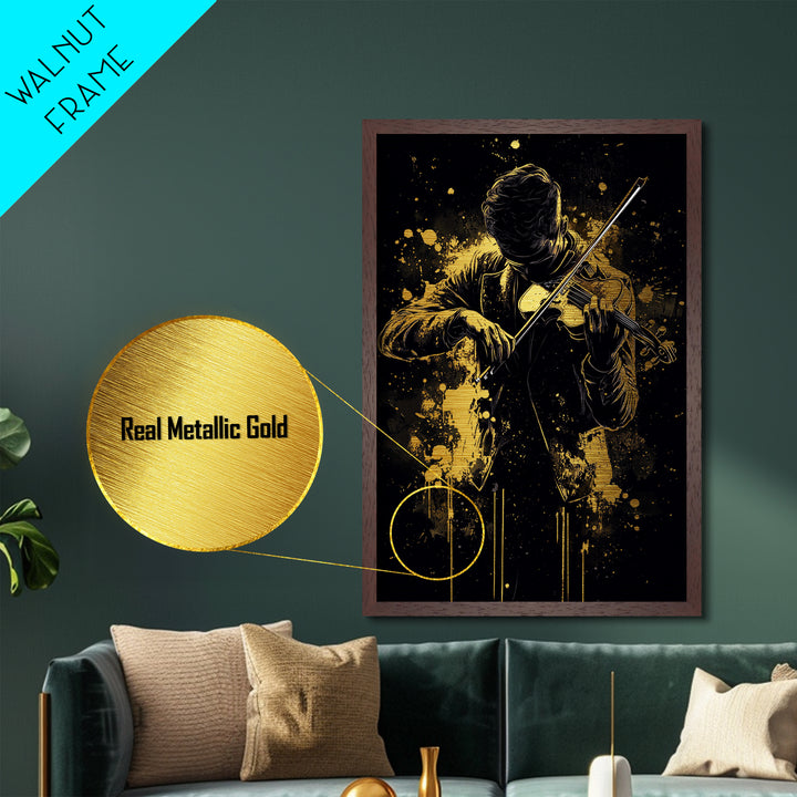 Haunted Musician Metallic Gold Art Metal Art – Gothic Violinist Silhouette in Real Wood Frame, Spooky Season Halloween Wall Art