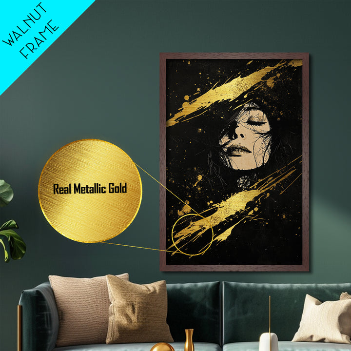Gothic Metallic Gold Art Witchy Portrait | Spooky Season Metal Art | Haunted Wall Decor in Real Wood Frame for Halloween